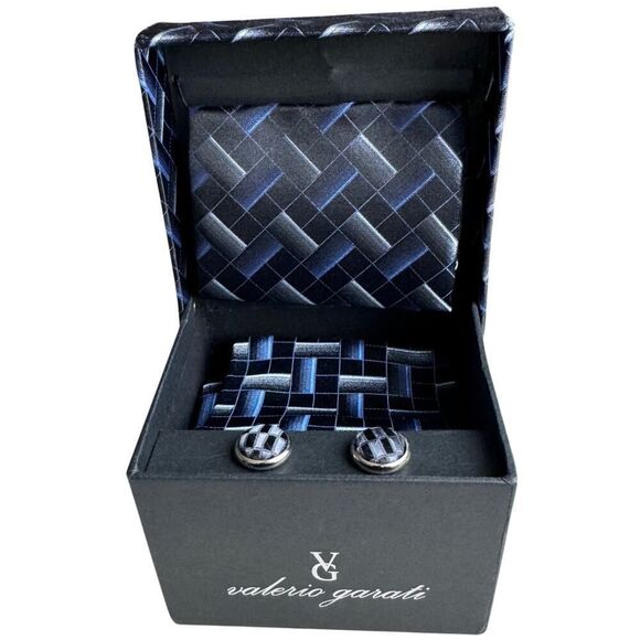 Valerio Garati Tie Handkerchief & Cufflink Men's Boxed‎ Set Handmade Woven Silk - Picture 1 of 8